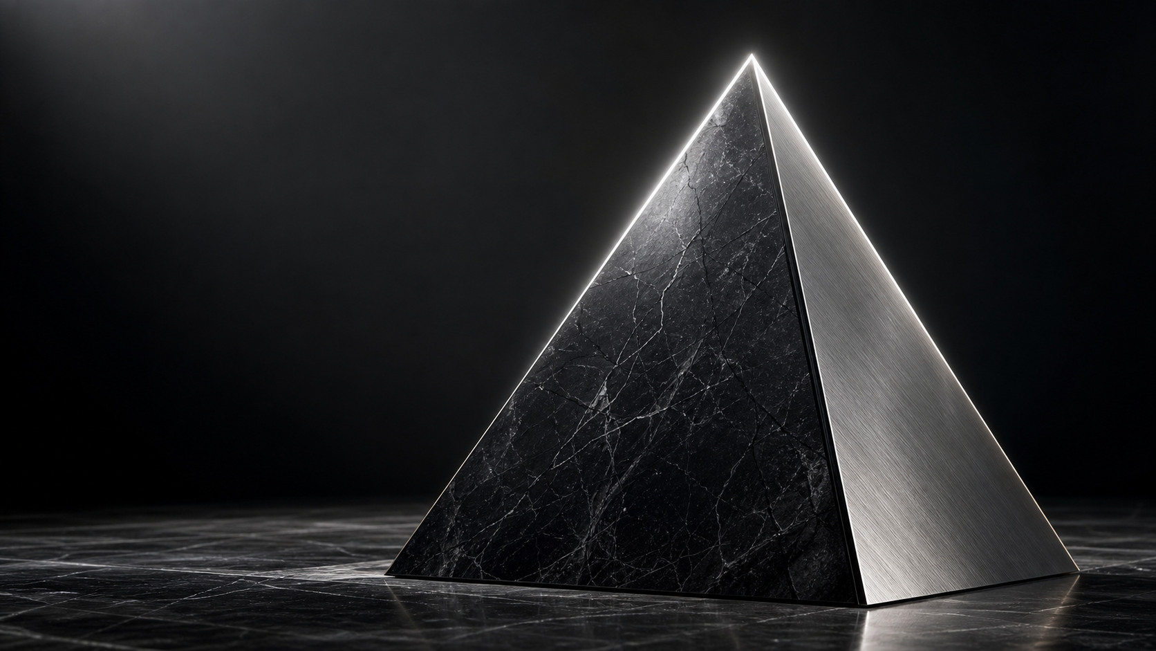 A monumental marble and titanium sculpture under studio light