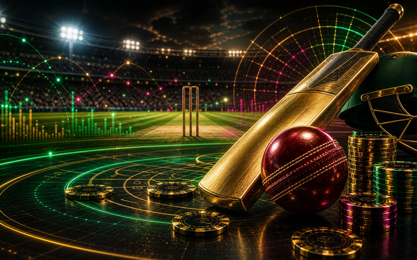 Cricket advice scene with a bat, ball, chips and match analysis graphics