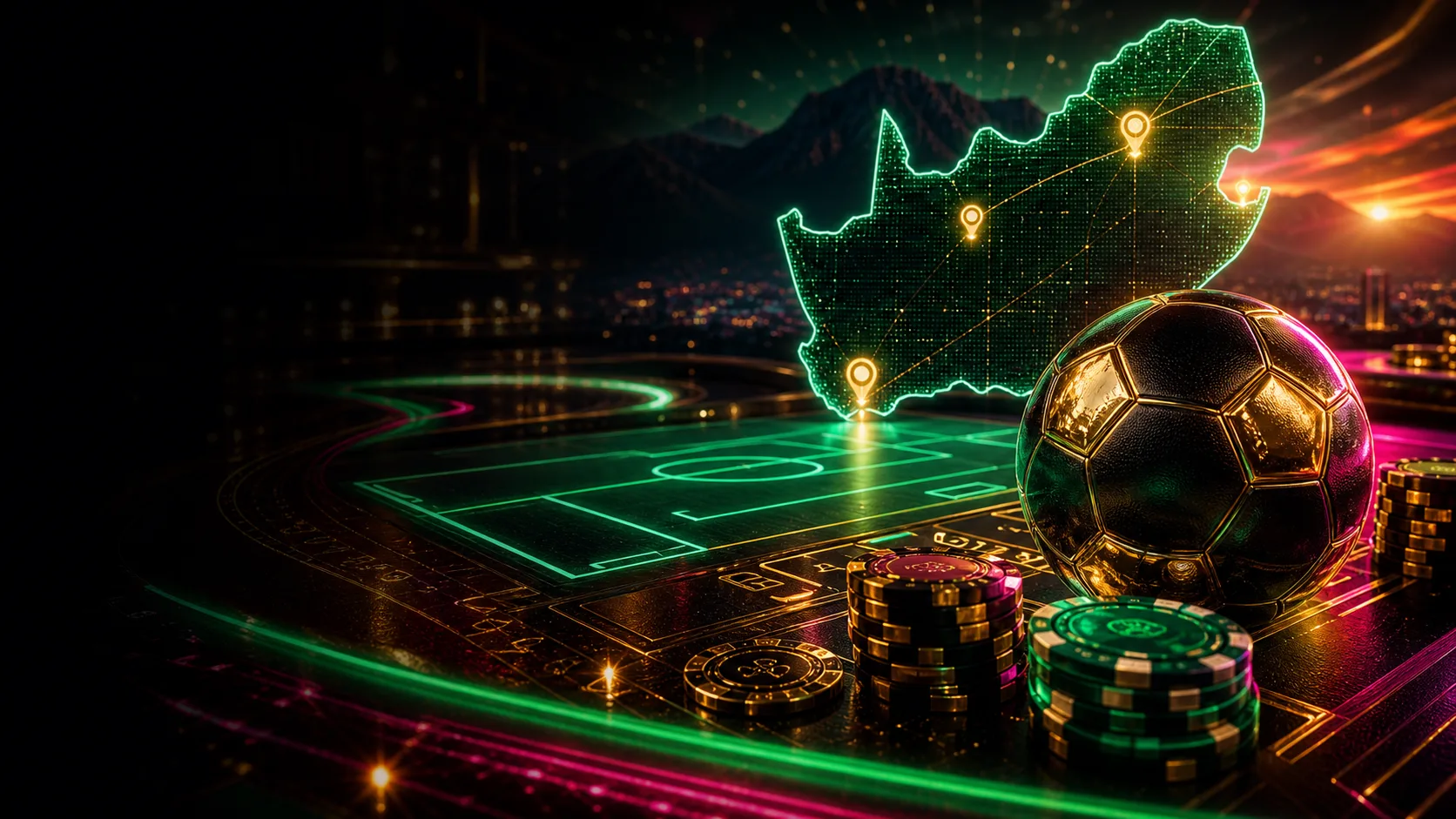South African sports betting analysis table with football and casino chips