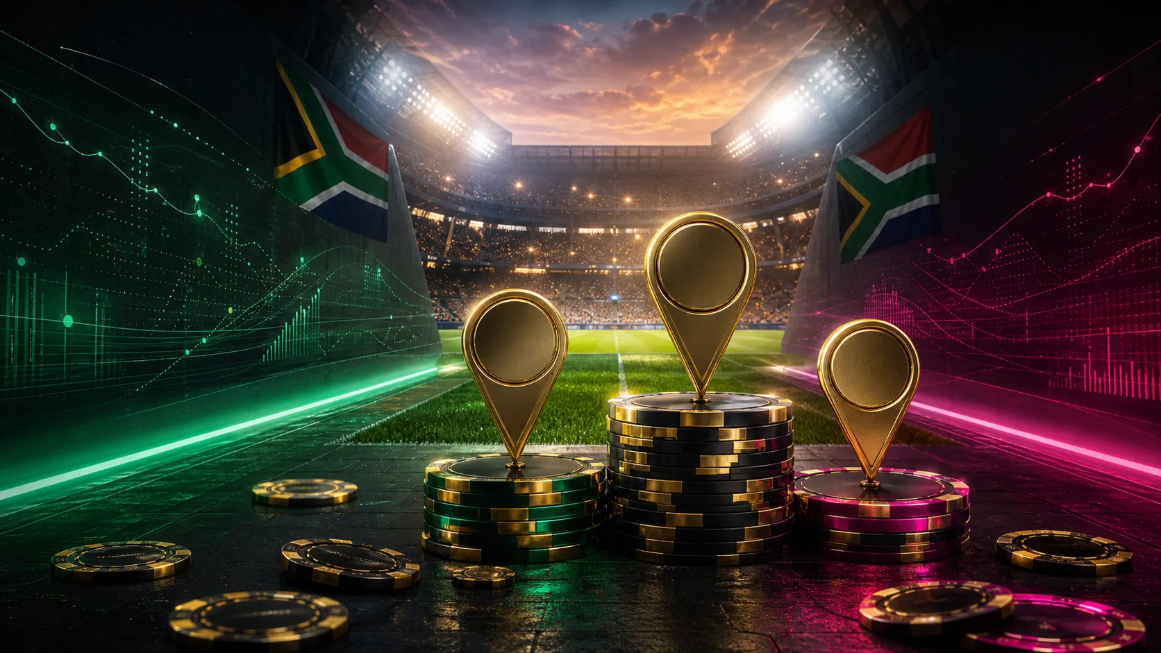 South African stadium ranking scene with casino chips and national sports energy