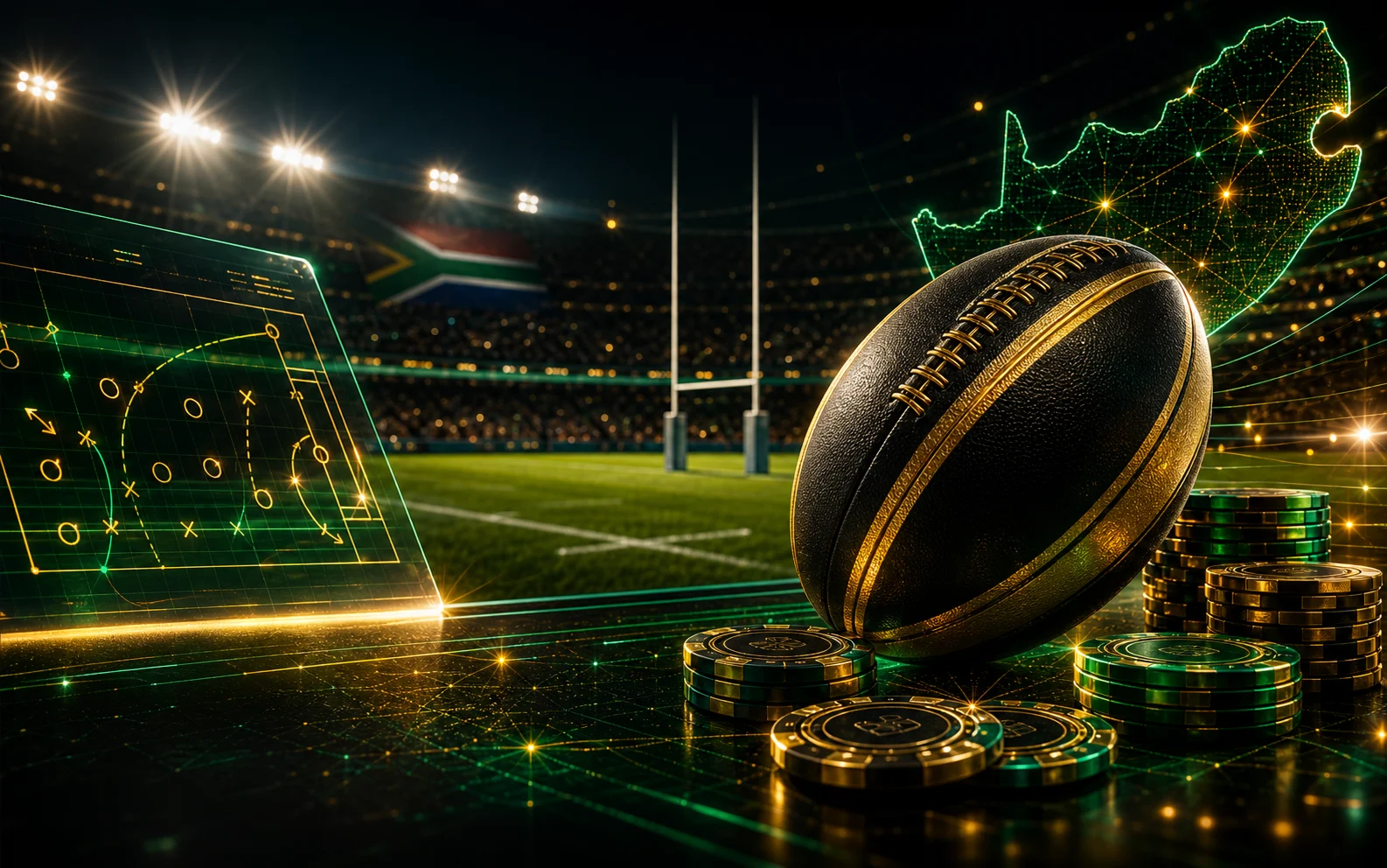 Floodlit rugby advice scene with a rugby ball, chips and tactical lines