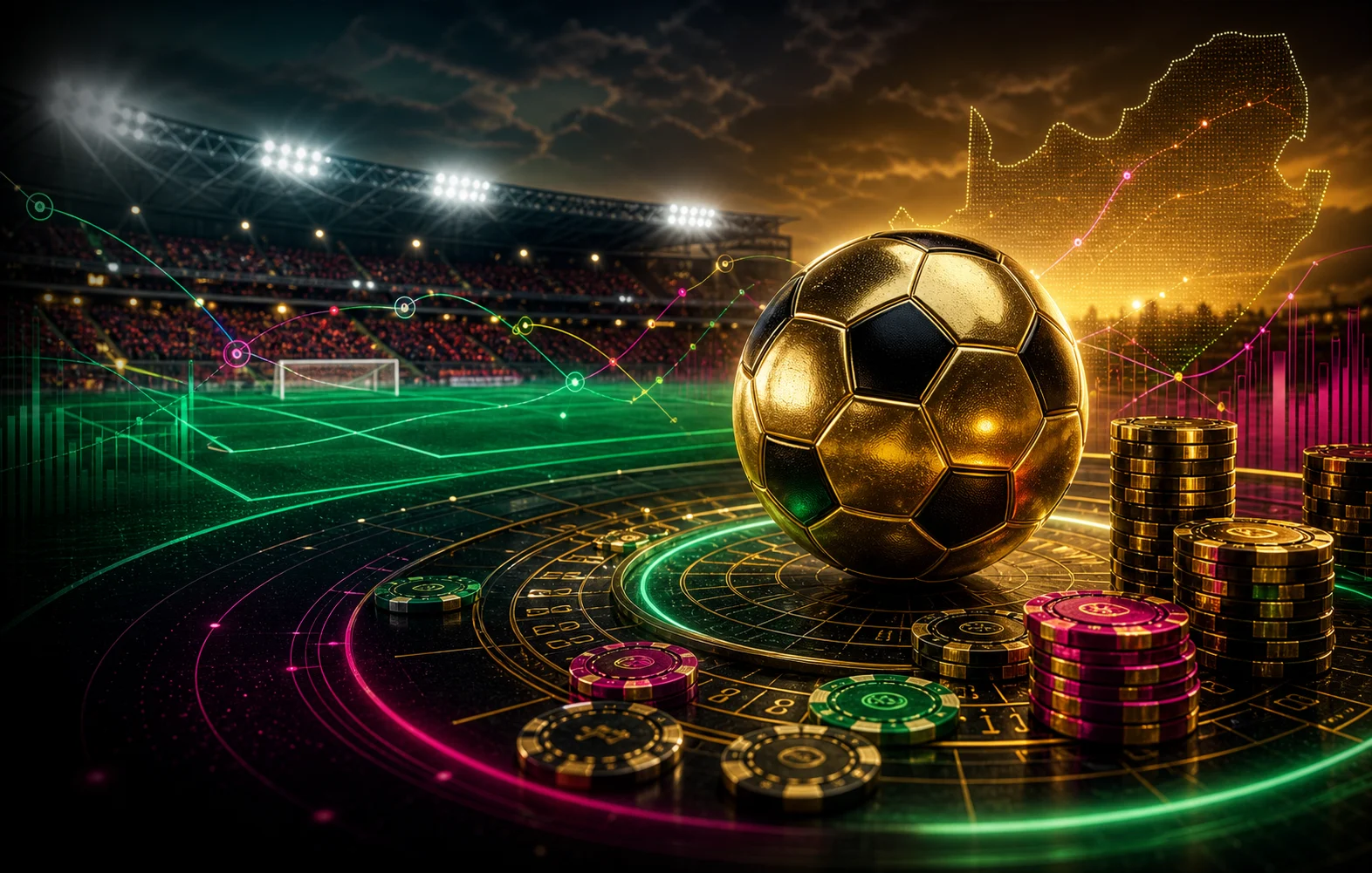 Floodlit soccer advice scene with a gold football, casino chips and match analysis lights